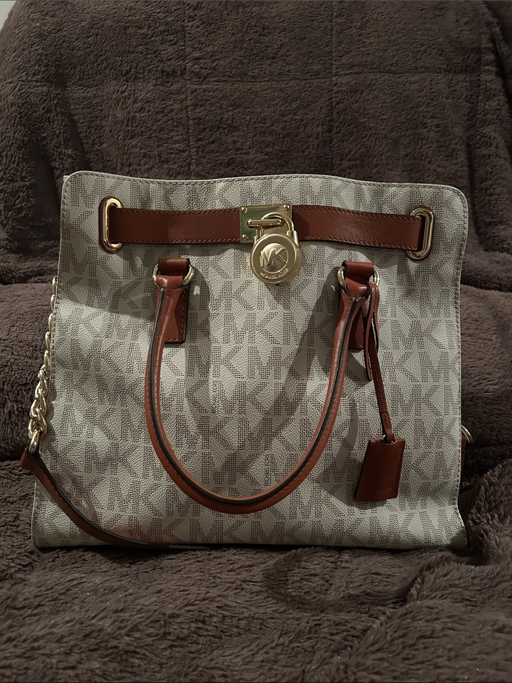 Michael Kors Beige MK Logo Tote with Brown Leather Trim